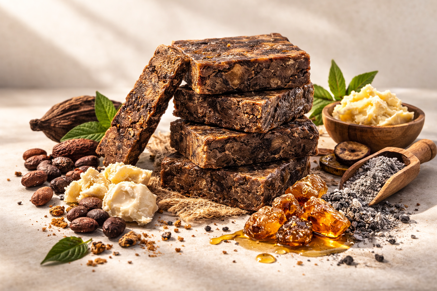 Stack of Authentic African Black Soap bars with soap ingredients sitting on a textured surface.