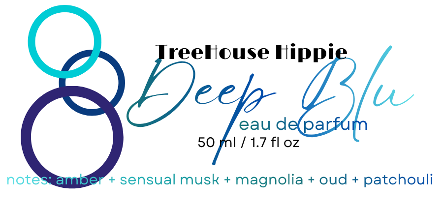 TreeHouse Hippie Deep Blu eau de parfum packaging with product details on a white background.