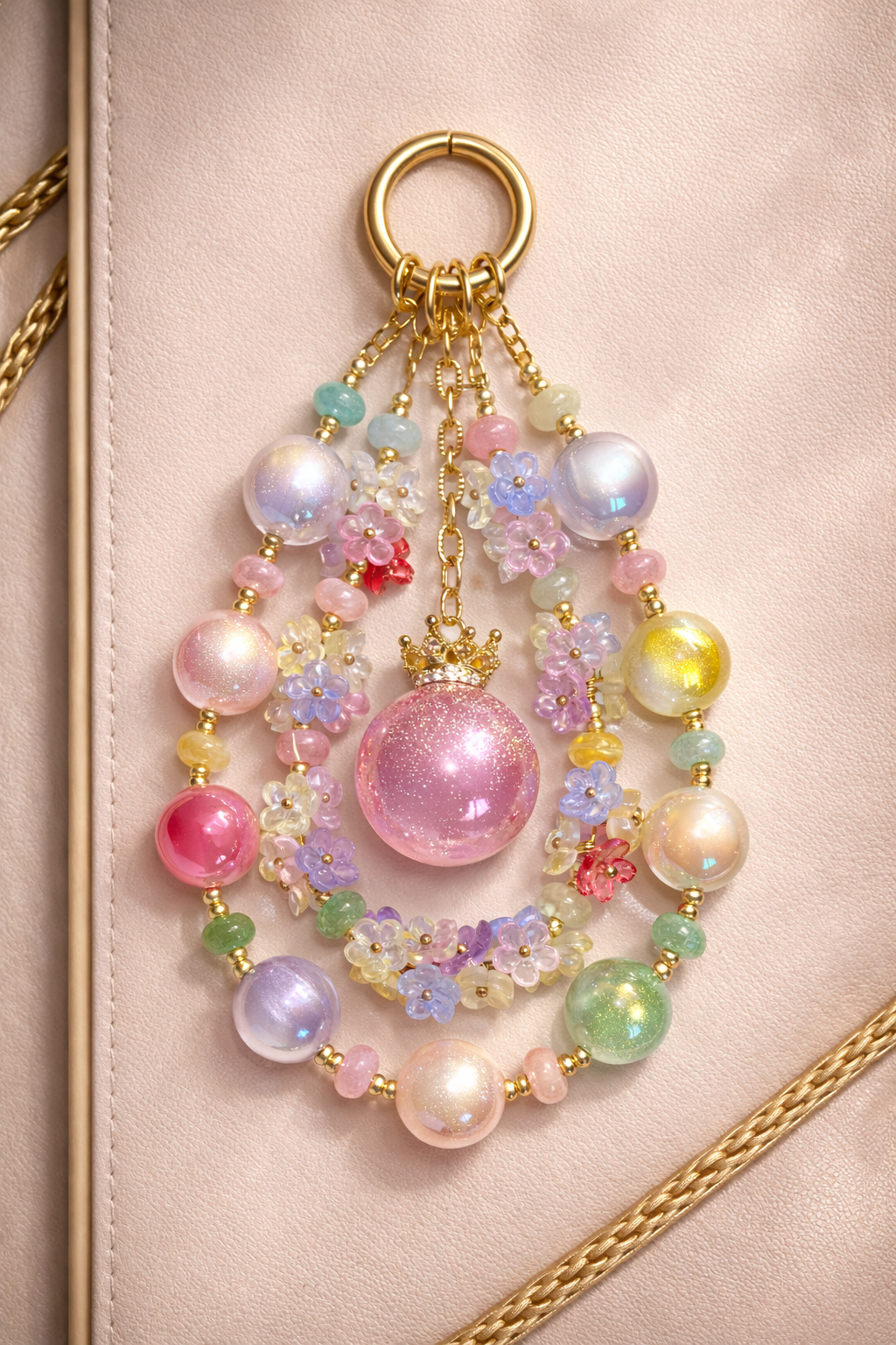Very colorful decorative keychain with pink, red, blue, peach, & green pearl beads accompanied by floral accents on a soft, beige background with gold trim.