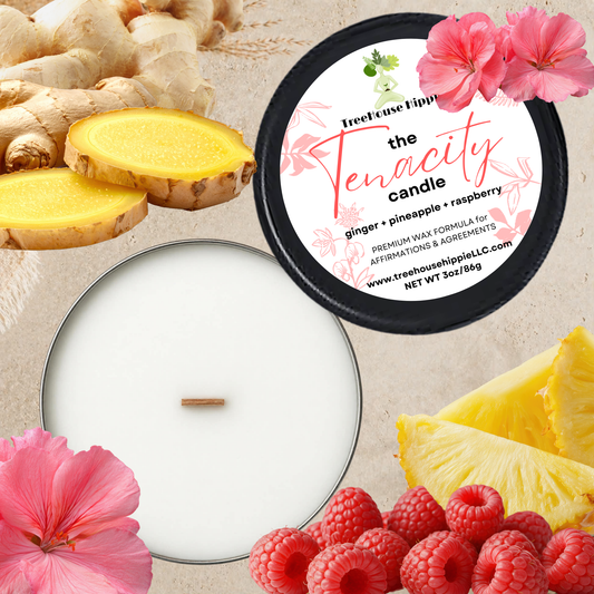 TreeHouse Hippie White Wax Travel-Size Candle in a Black Tin with Ginger, Pineapple, and Raspberry elements on a Beige Textured Surface.