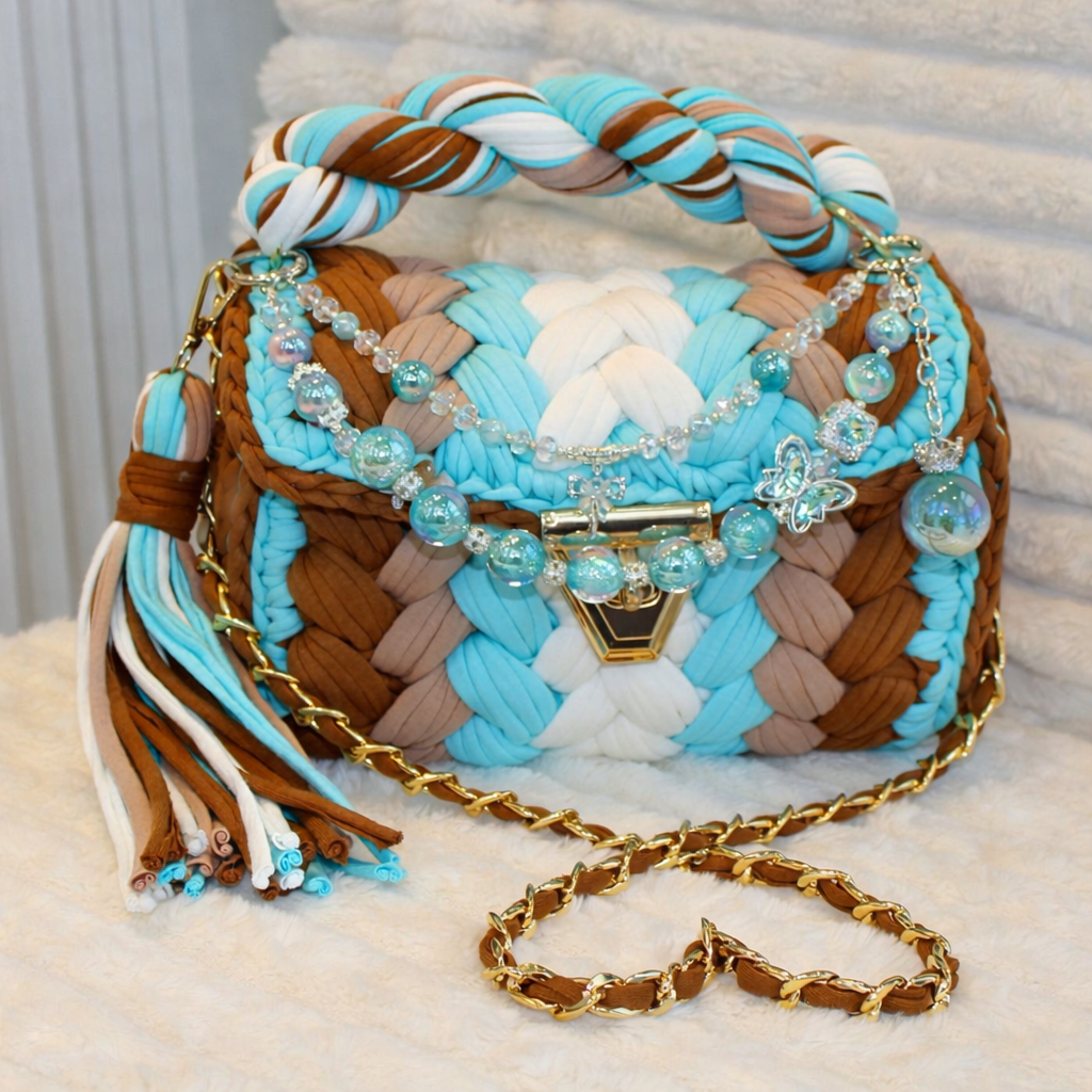 Front view of bag in natural lighting: Colorful woven Crochet handbag (White, Brown, Turquoise, & Milk Chocolate) with tassel and beautiful shimmering keychain sitting on a white, textured surface. 
