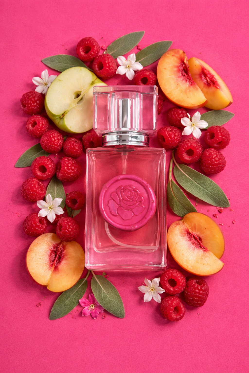 One large perfume bottle on a pink background with raspberries, peaches, apples, and floral accents. 