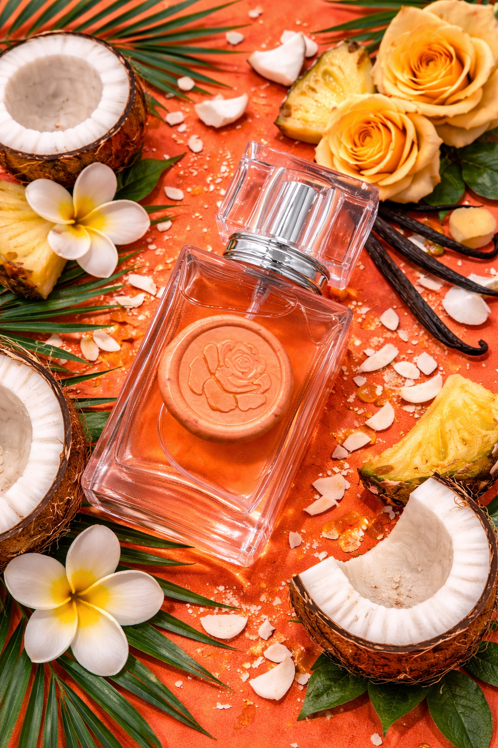 One large perfume bottle on a vibrant orange background with coconuts, roses, pineapple slices, and vanilla beans. 