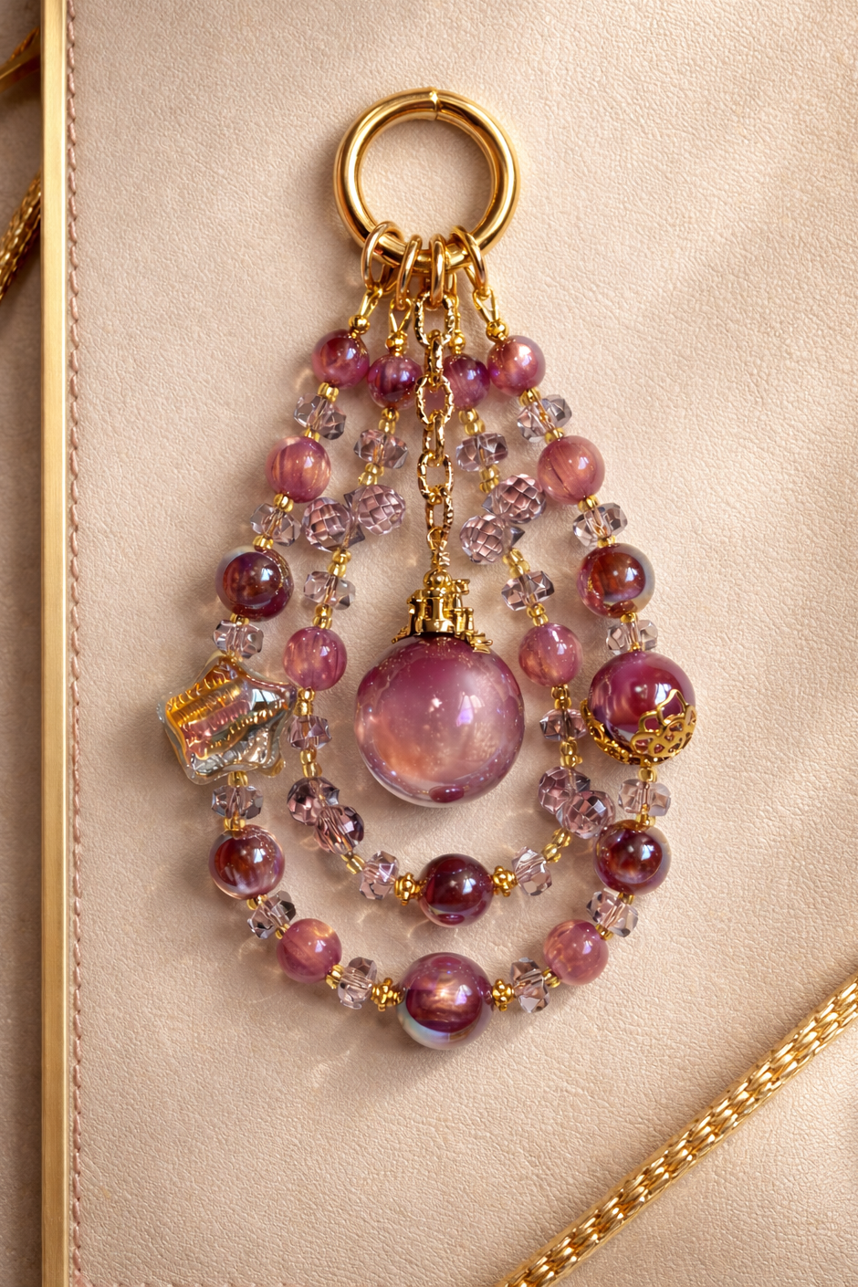 Decorative keychain with magenta swirl beads and gold accents on a soft, beige background with gold trim. 