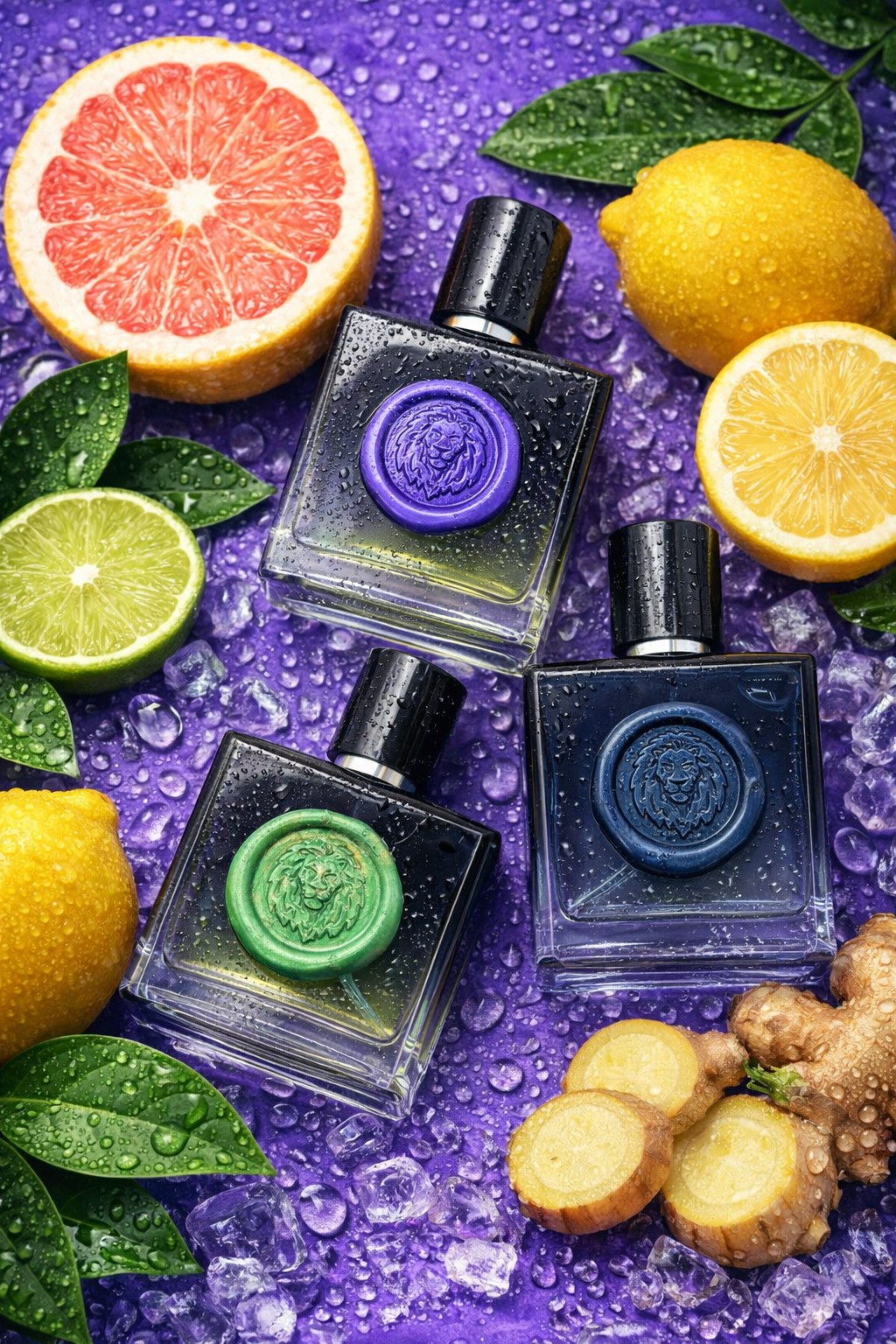 Three cologne bottles with colorful lion-seals on a purple surface with citrus fruits, leaves, raw ginger, and water droplets covering everything. 