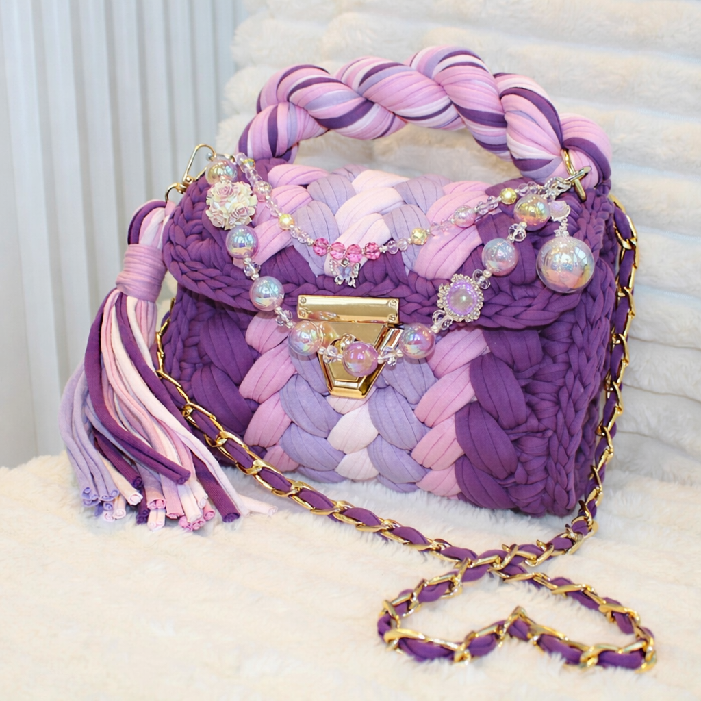 Side/Front view of bag in natural lighting: Colorful woven Crochet handbag (Purple, Lavender, Lilac, Periwinkle, & Blush) with tassel and beautiful shimmering keychain sitting on a white, textured surface. 