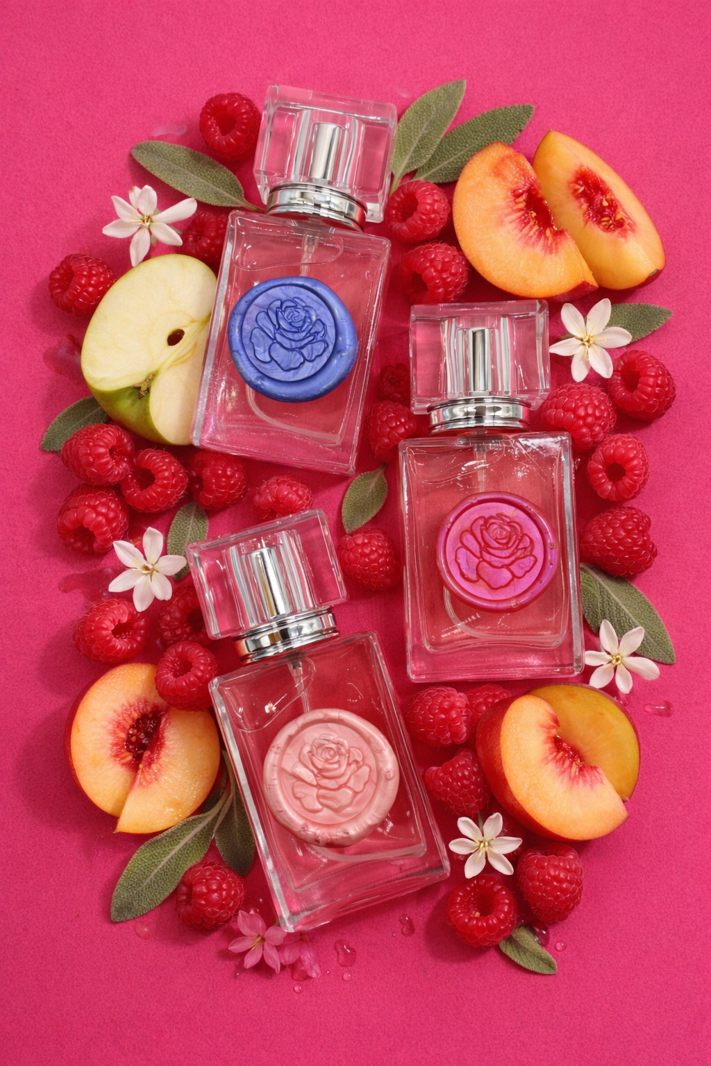 Three large perfume bottles on a pink background with raspberries, peaches, apples, and floral accents. 