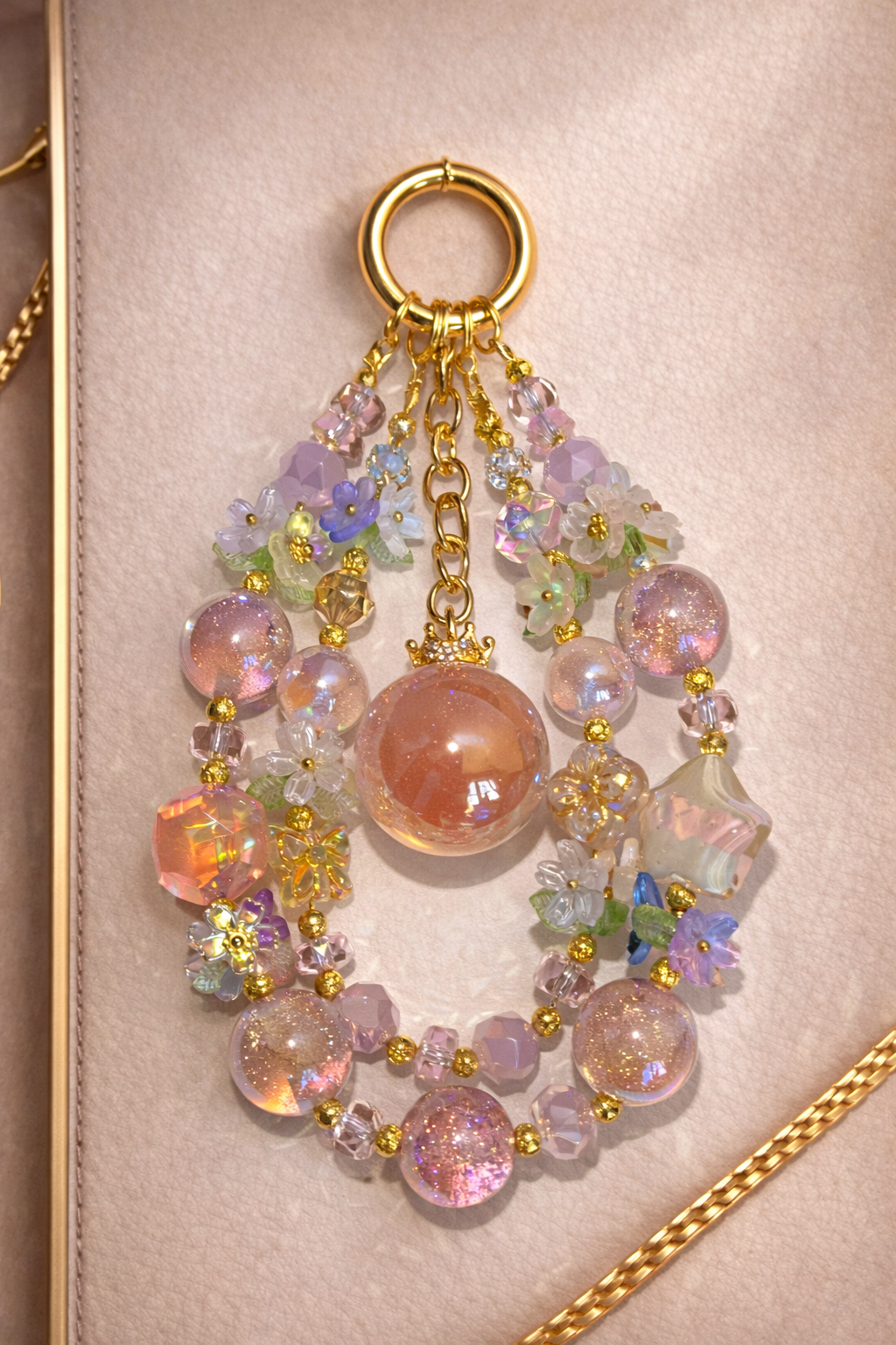 Decorative keychain with shimmering, pastel pink beads and pastel floral accents on a soft, beige background with gold trim. 