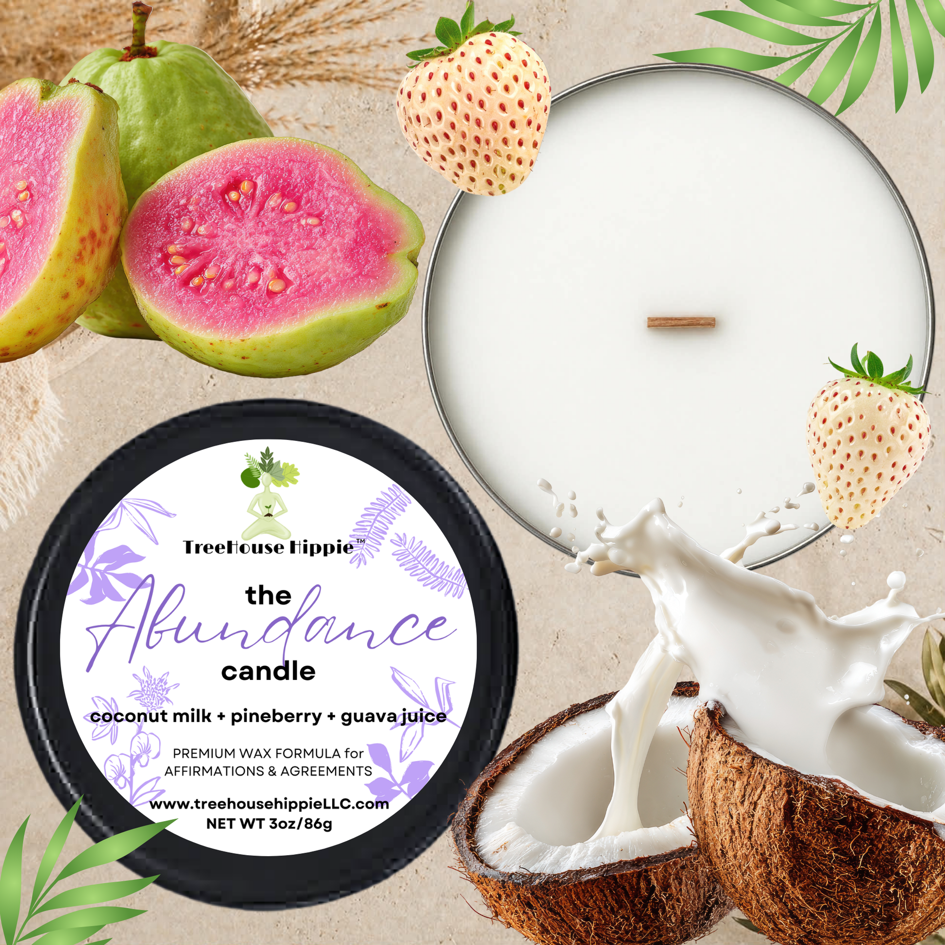 TreeHouse Hippie White Wax Travel-Size Candle in a Black Tin with Guava, Pineberries, Fresh Coconut, and Coconut Milk splashing on a Beige Textured Surface.