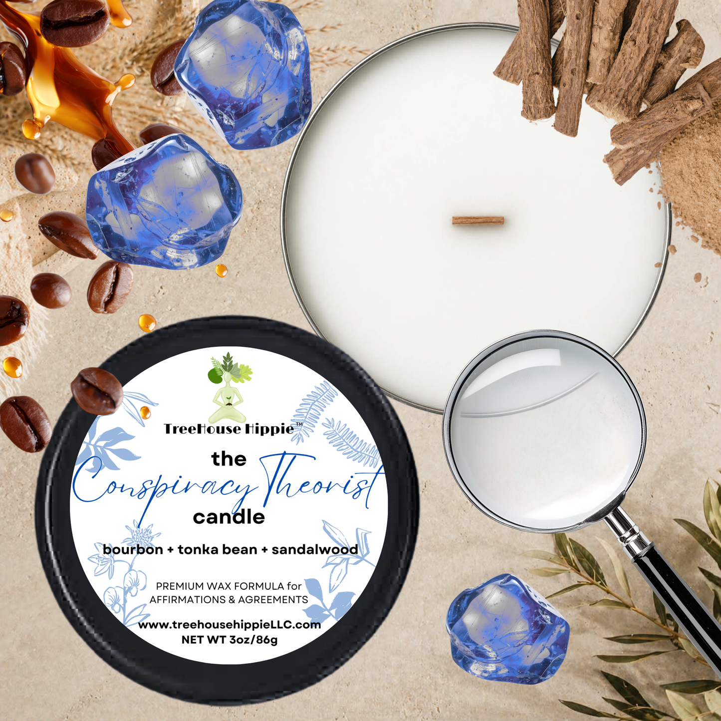 TreeHouse Hippie White Wax Travel-Size Candle in a Black Tin with Sandalwood, a Magnifying Glass, Tonka Beans, and Blue Resin elements on a Beige Textured Surface.