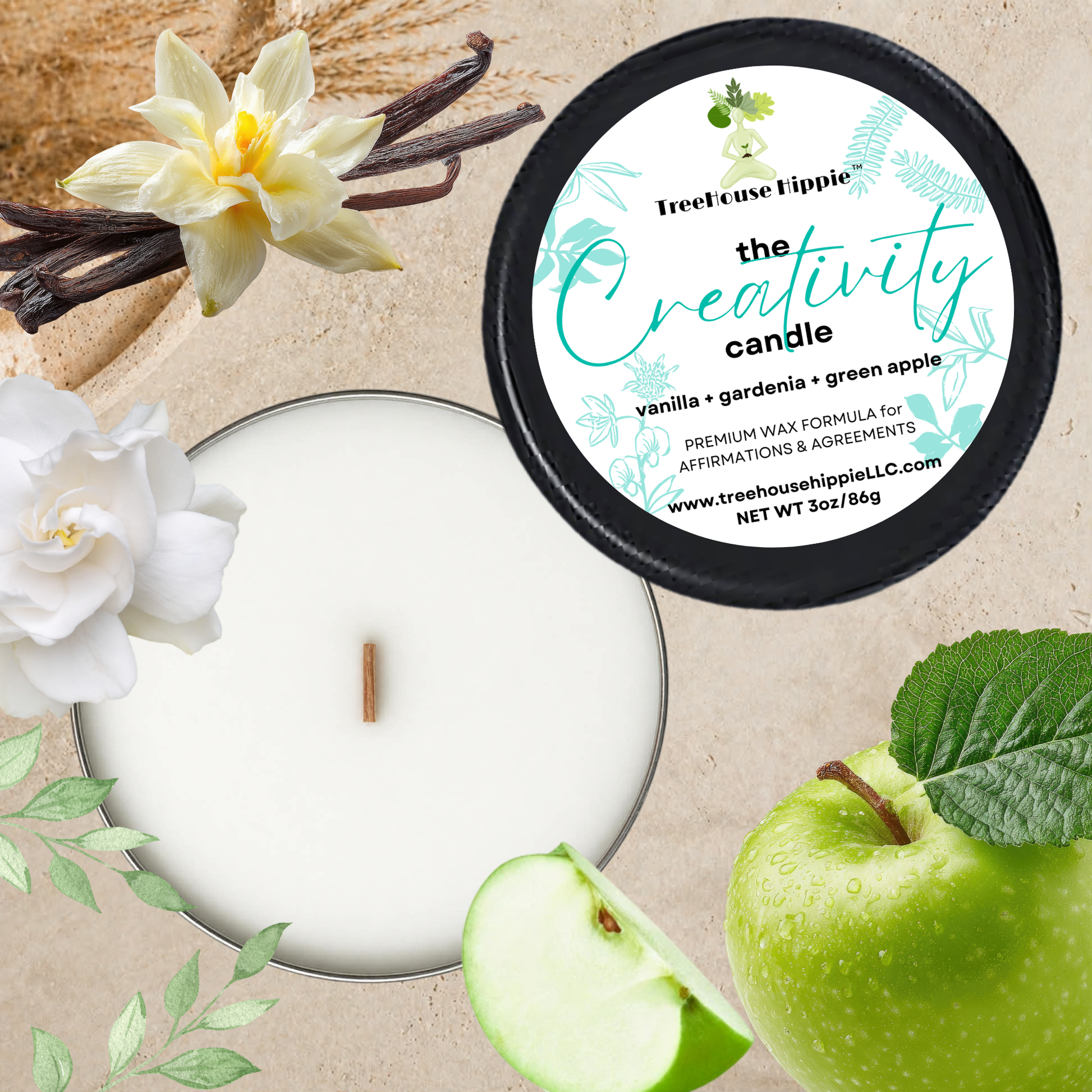 TreeHouse Hippie White Wax Travel-Size Candle in a Black Tin with Vanilla Beans, Gardenia Flowers, Green Apples, and Greenery on a Beige Textured Surface.