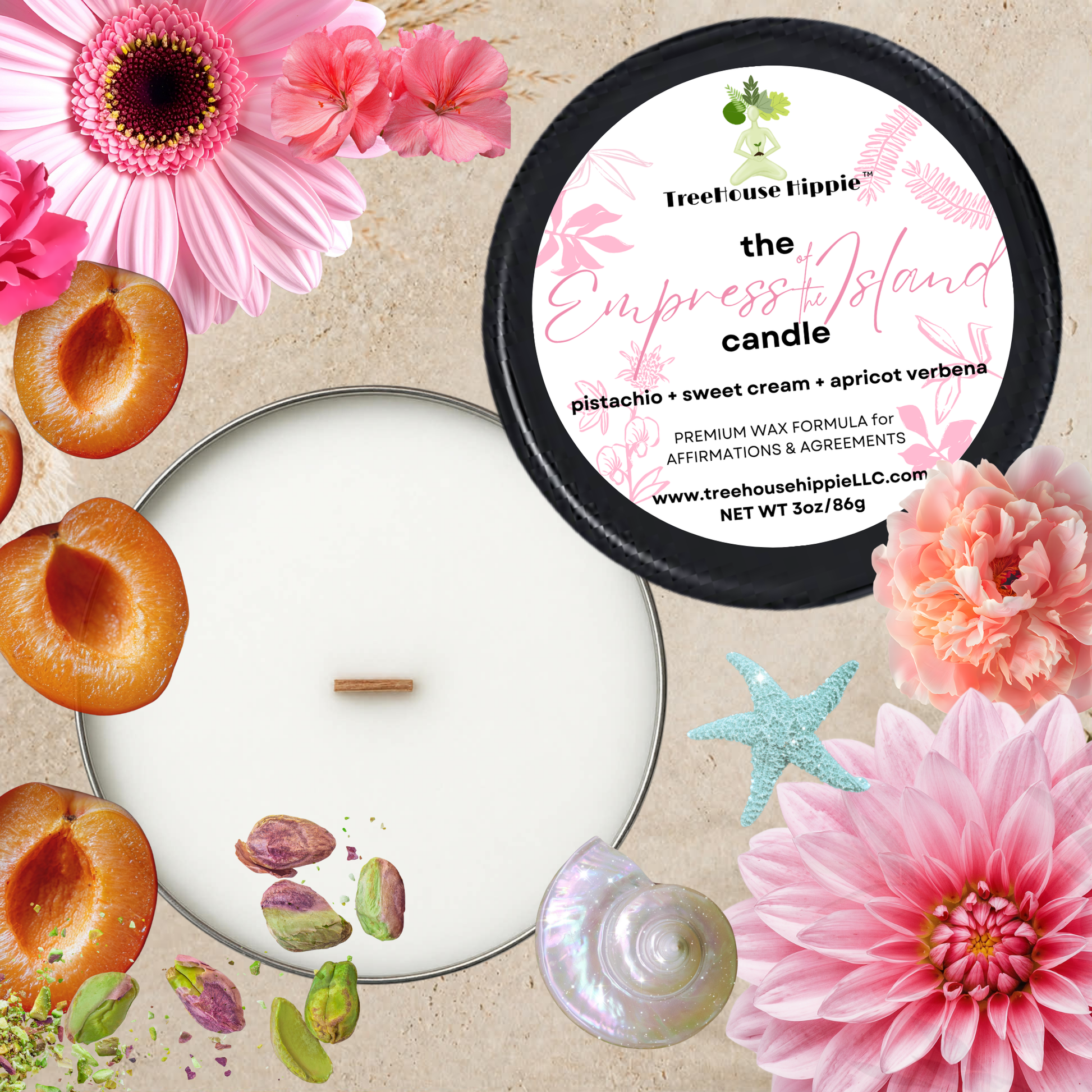 TreeHouse Hippie White Wax Travel-Size Candle in a Black Tin with Apricots, Flowers, Pistachios, and Beach elements on a Beige Textured Surface.