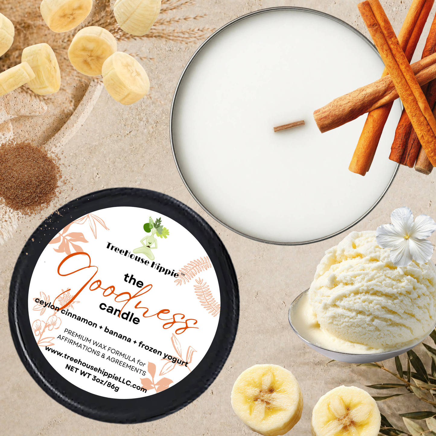 TreeHouse Hippie White Wax Travel-Size Candle in a Black Tin with Bananas, Cinnamon Sticks, Cinnamon Powder, and a scoop of Vanilla Frozen Yogurt on a Beige Textured Surface.