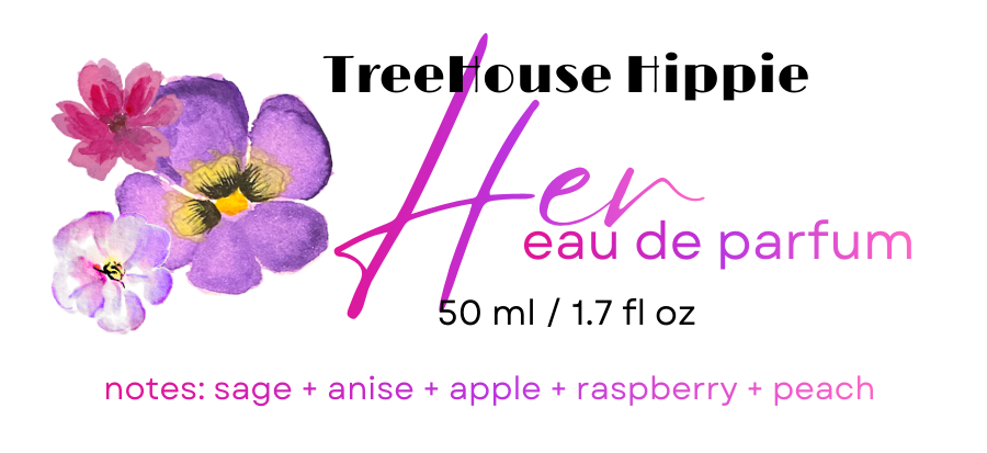 TreeHouse Hippie eau de parfum with floral illustrations and product details.