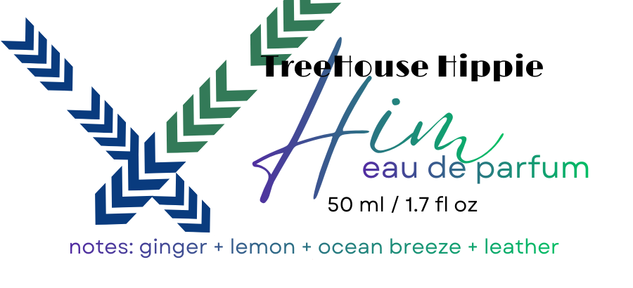 Treehouse Hippie Him eau de parfum packaging with product details on a white background. 