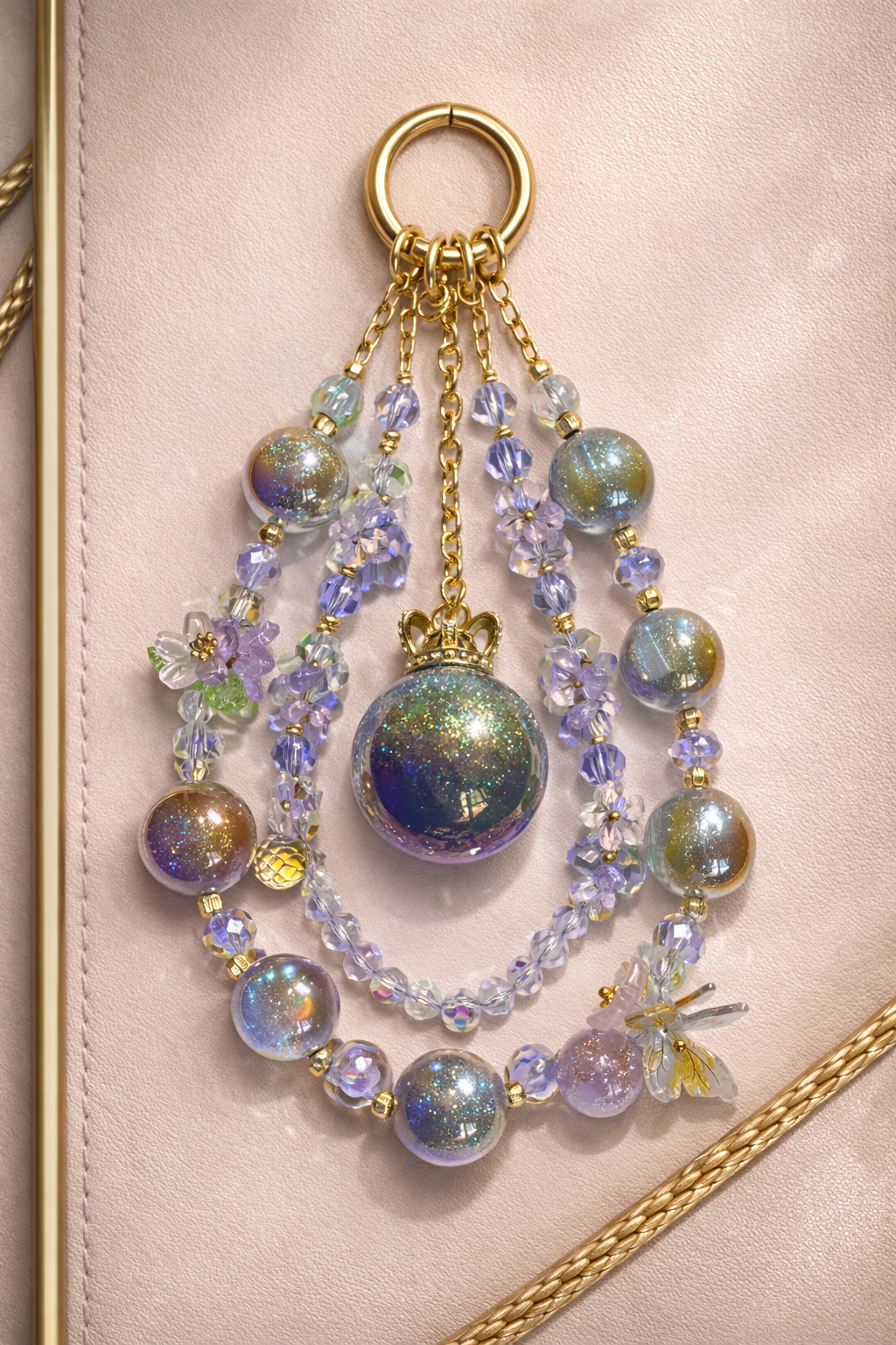 Color-blended, decorative keychain with shimmering, green, gold, & purple beads and floral accents on a soft, beige background with gold trim. 