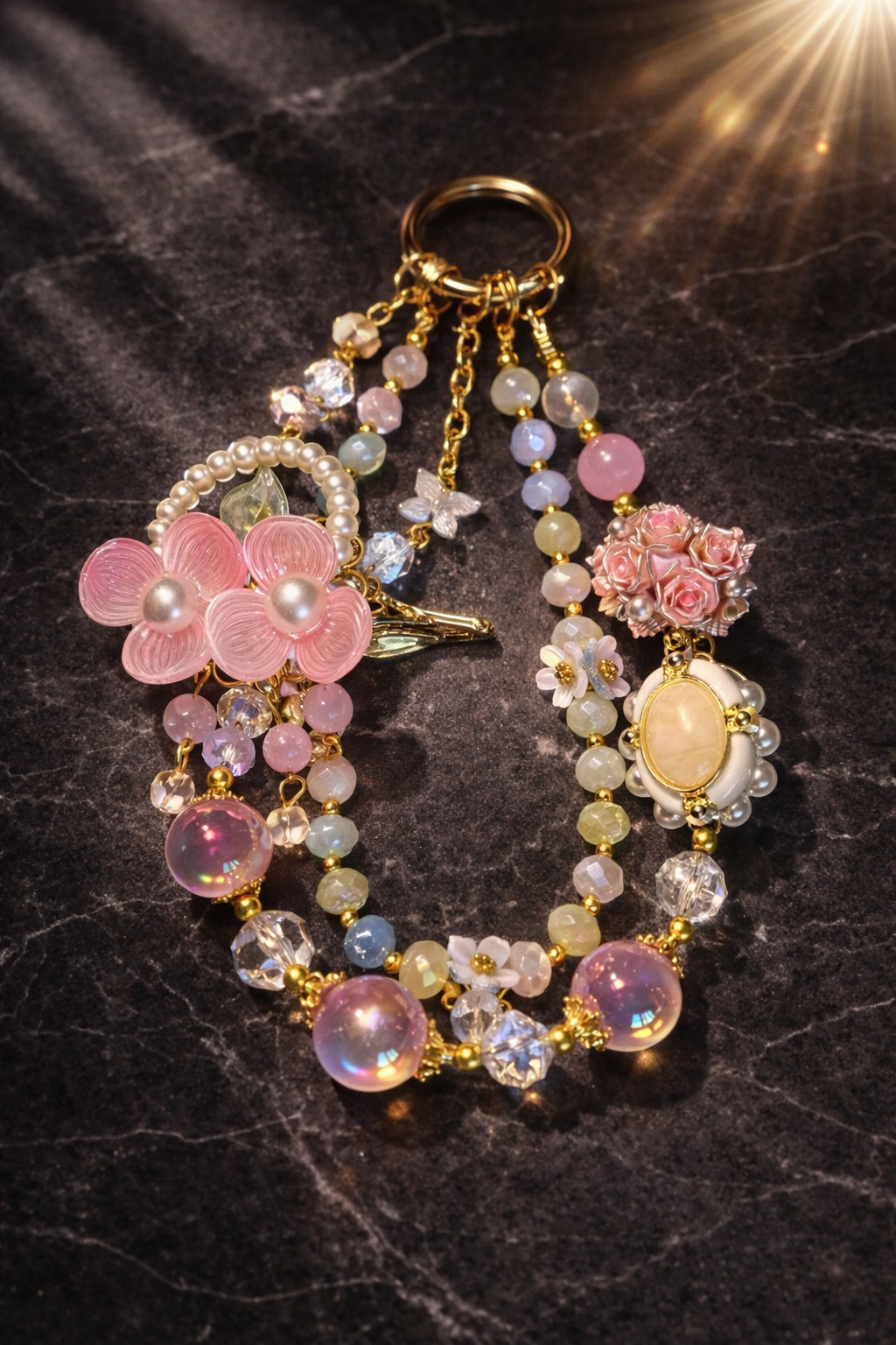 Oriental-inspired pastel pink keychain with multi-color beads, floral accents, and large "flower-bow" on a dark marble background