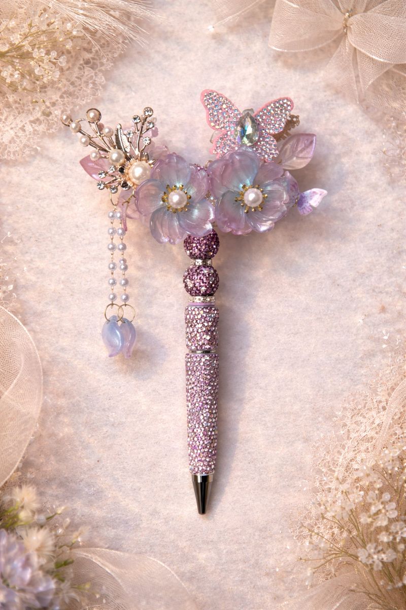 Decorative lavender double-sided bling pen with large flowers, a bedazzled butterfly charm, and pearl embellishments on a neutral linen background