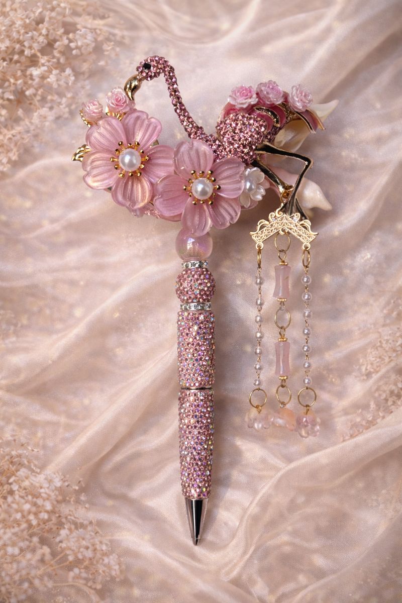 Extravagant decorative double-sided pink bling pen with two large pink flowers, a large pink crystal flamingo and a pearl bead chains on a soft, silky background
