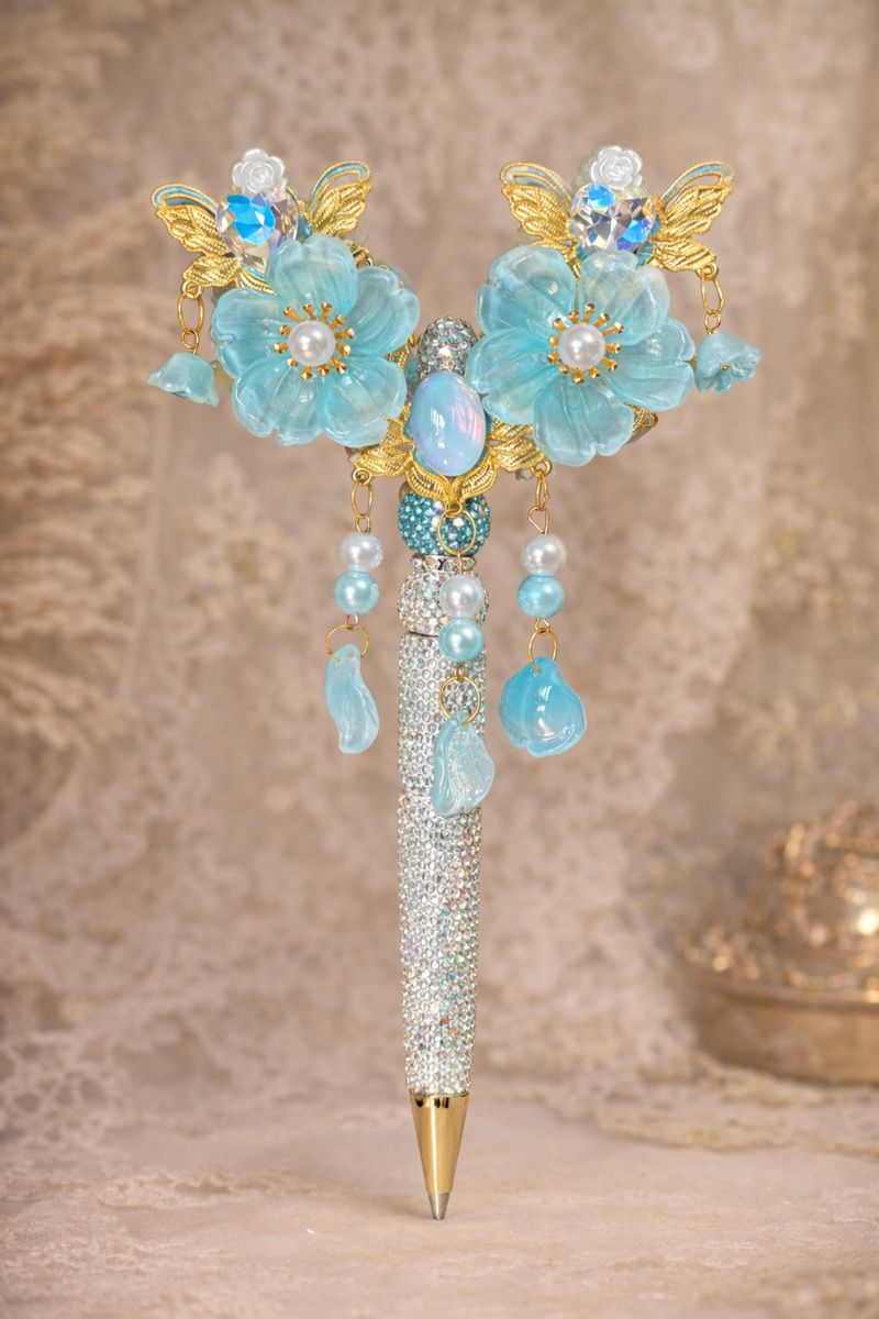 Extravagant decorative double-sided turquoise bling pen with two large blue flowers, gold accents, and butterfly embellishments on a lace-textured background