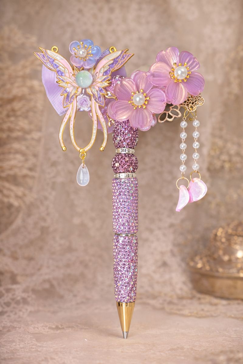 Extravagant decorative double-sided lavender bling pen with large flowers and a purple and cream colored butterfly on a lace-textured background