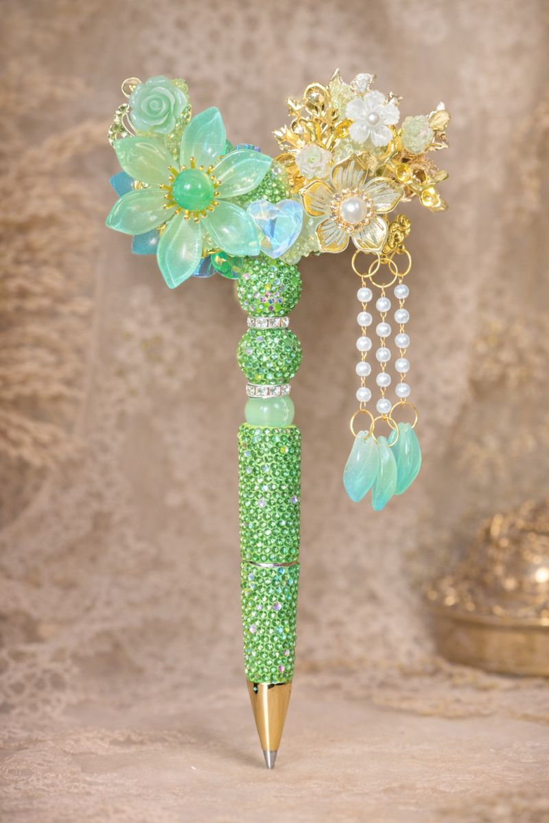 Extravagant decorative double-sided neon green bling pen with large green flower, small gold flowers, and pearl chain embellishments on a lace-textured background