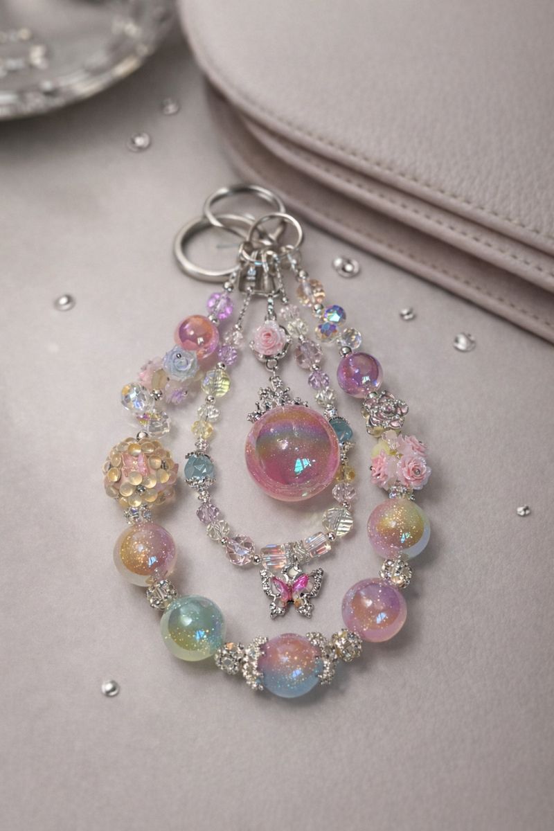 Very colorful decorative silver keychain with pink, blue, peach, & yellow pearl beads accompanied by floral accents on a soft, beige background with crystal decor. 
