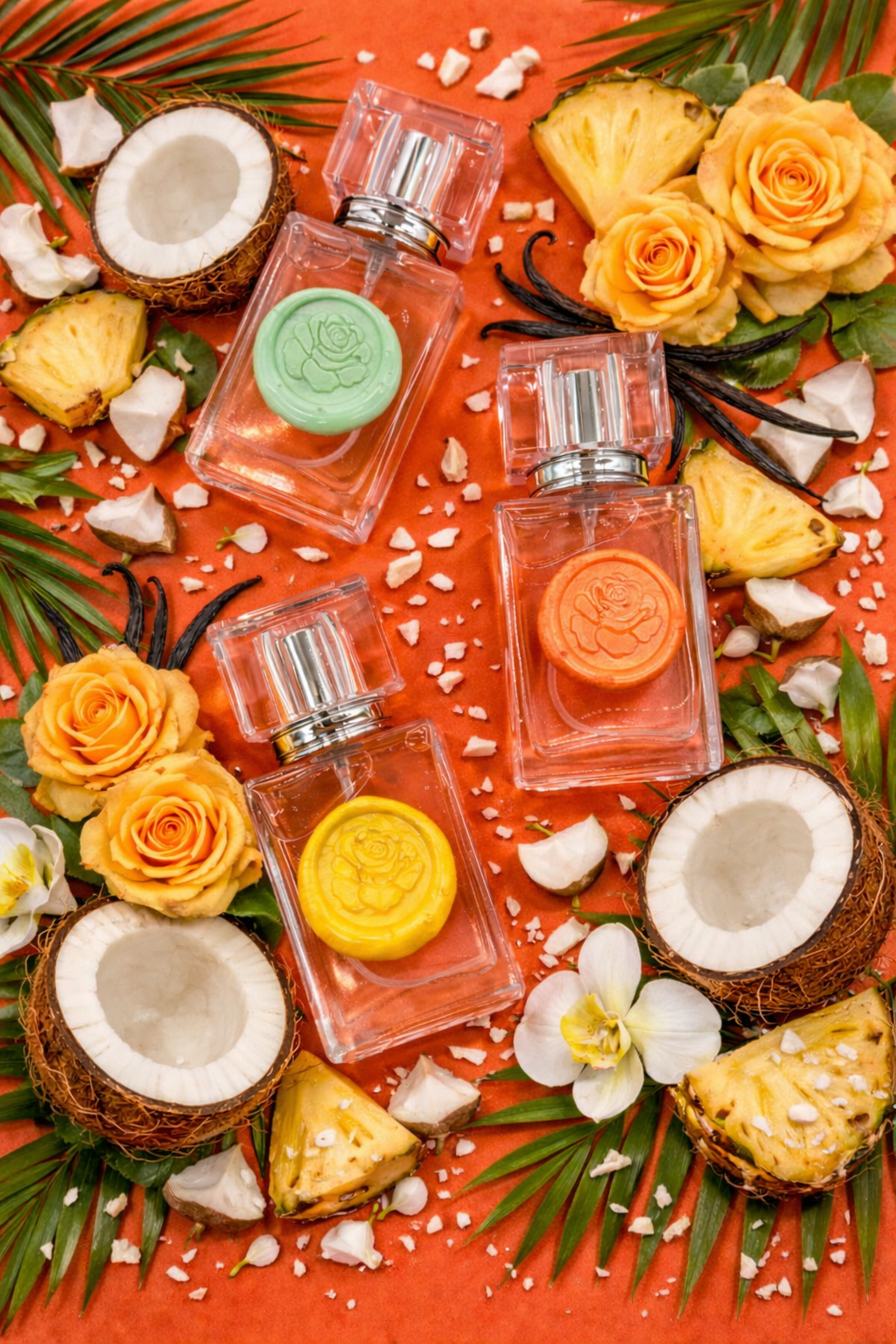 Three large perfume bottles on a vibrant orange background with coconuts, roses, pineapple slices, and vanilla beans. 