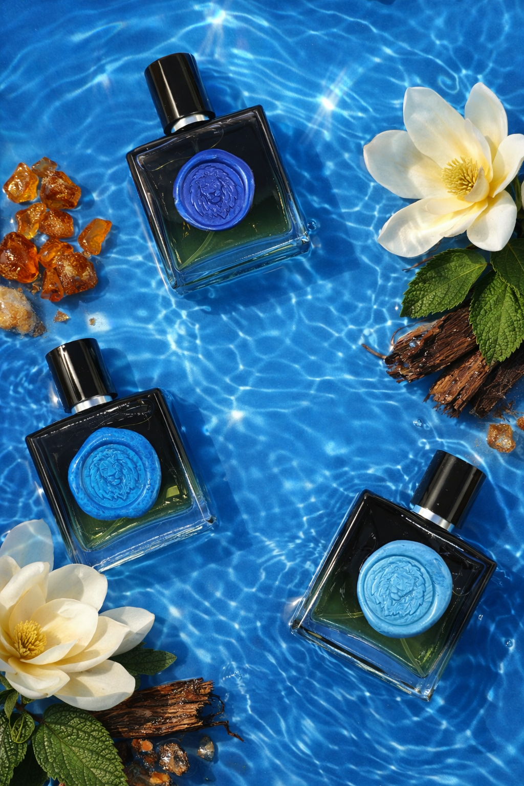 Three dark glass cologne bottles with blue circular lion-labels on a clear-blue water surface with flowers and leaves and amber resin accents.