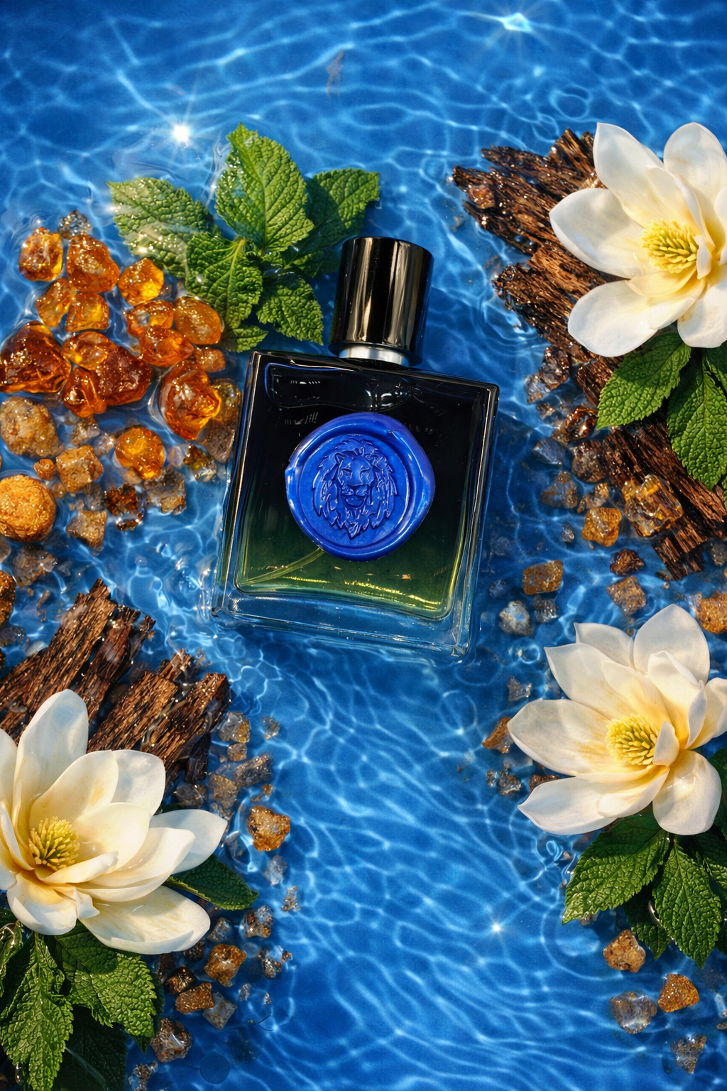 One dark glass cologne bottle with a blue circular lion-label on a clear-blue water surface with flowers and leaves and amber resin accents.