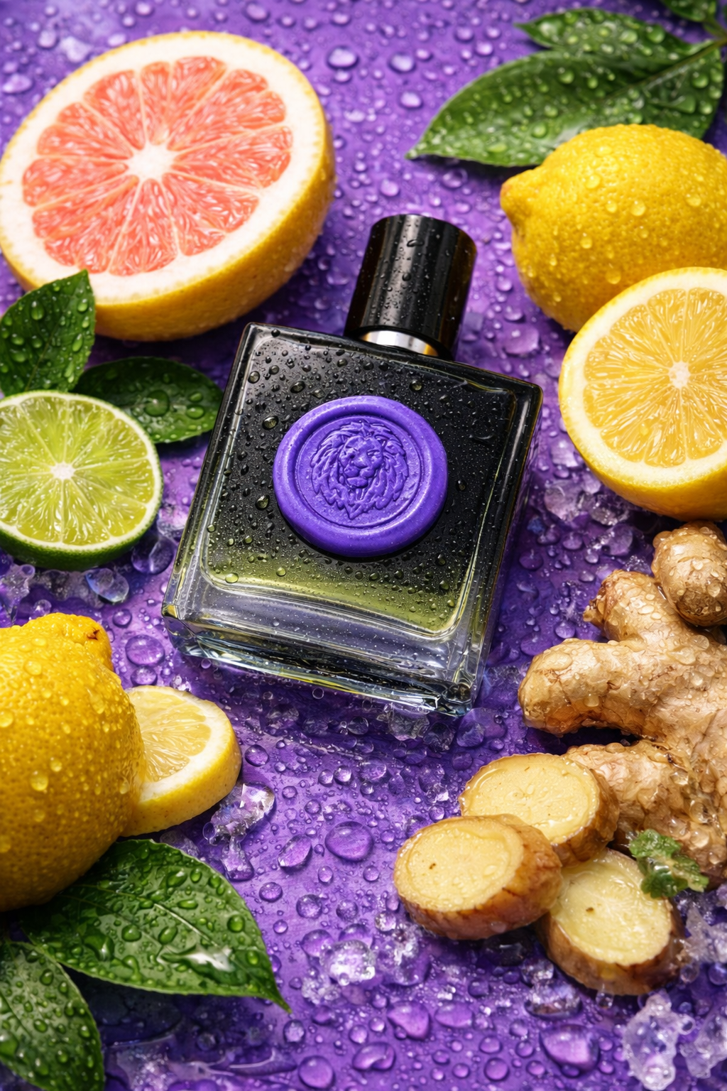 One cologne bottle with colorful lion-seal on a purple surface with citrus fruits, leaves, raw ginger, and water droplets covering everything. 