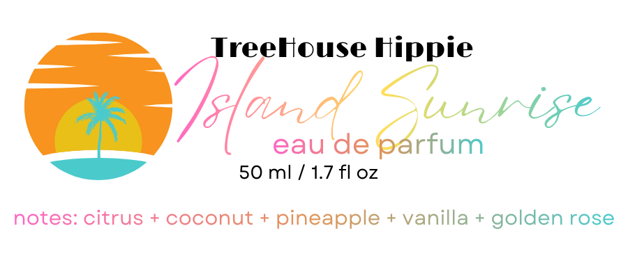 TreeHouse Hippie eau de parfum with palm tree and sunrise design and product details.