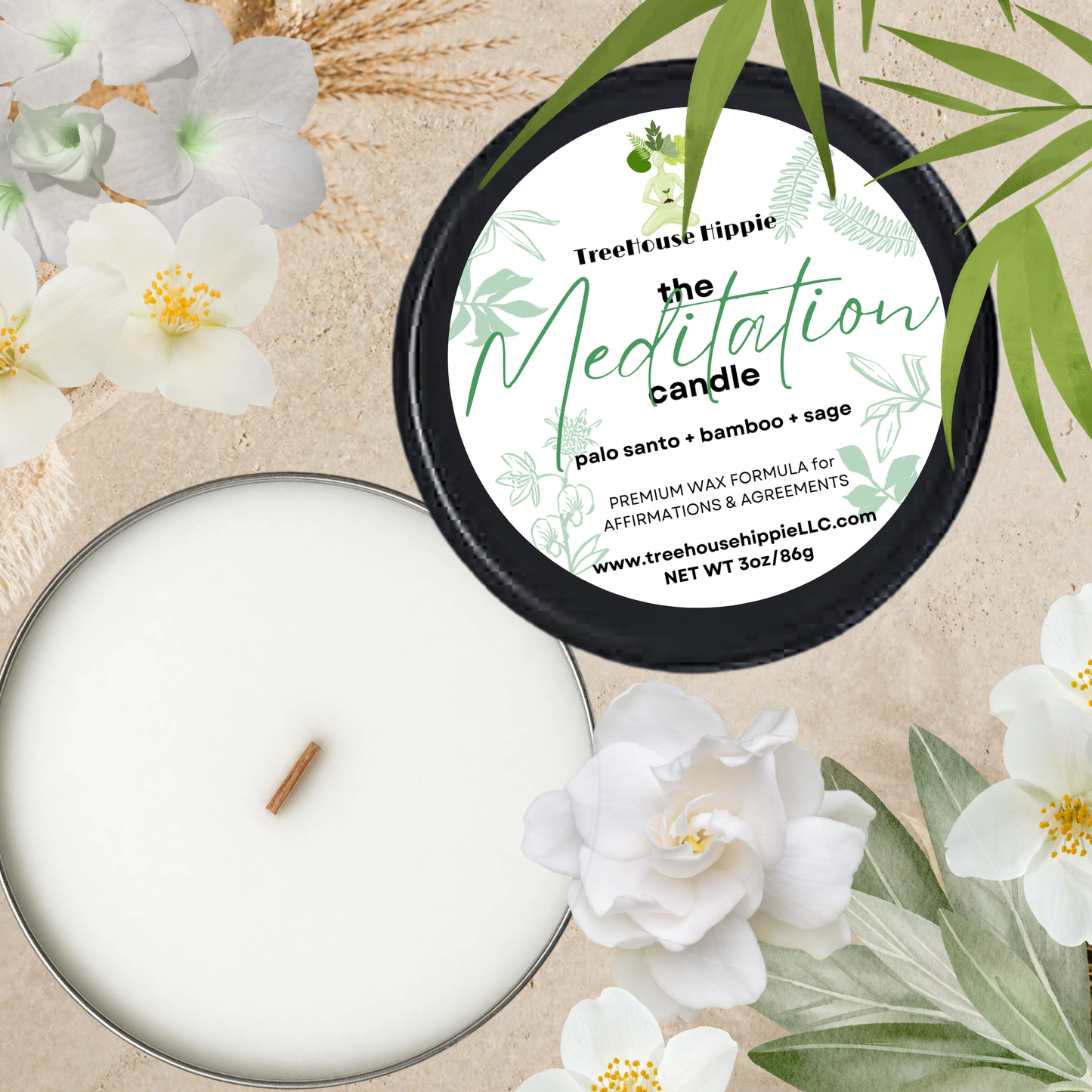 TreeHouse Hippie White Wax Travel-Size Candle in a Black Tin with Floral and Leaf Accents on a Beige Textured Surface.