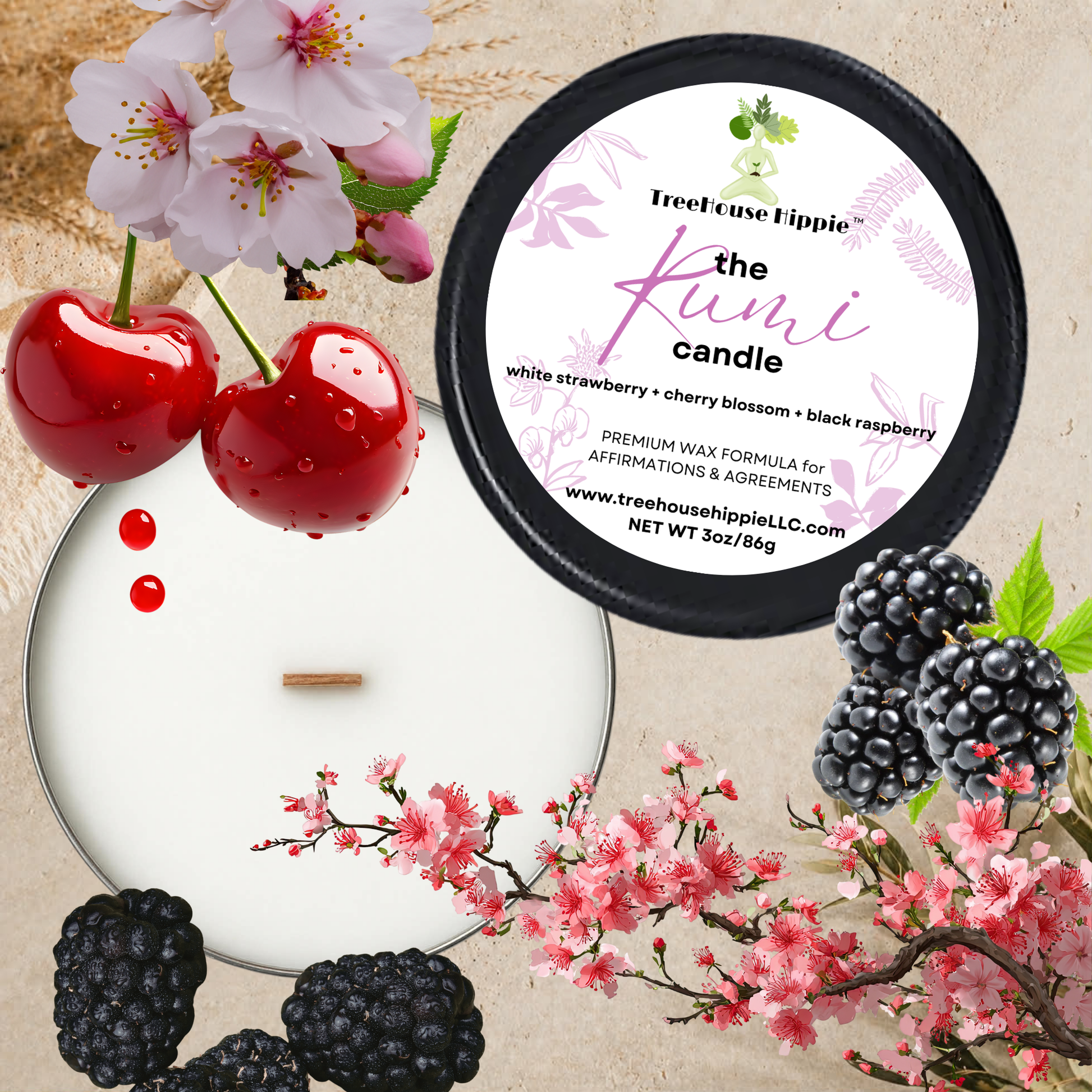 TreeHouse Hippie White Wax Travel-Size Candle in a Black Tin with Cherry Blossoms, Cherries, and Black Berries on a Beige Textured Surface.