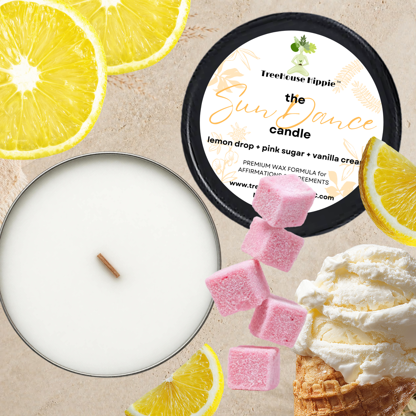 TreeHouse Hippie White Wax Travel-Size Candle in a Black Tin with Lemon Slices, Lemon Wedges, Pink Sugar Cubes, and Vanilla Ice Cream on a Beige Textured Surface.