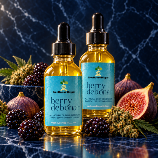 Two bottles of TreeHouse Hippie's Berry Debonair Hair & Body Oil surrounded by fresh blackberries, Cannabis buds, and fresh figs on a dark blue marble surface.