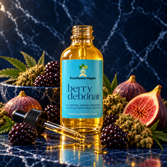 An open bottle of TreeHouse Hippie's Berry Debonair Hair & Body Oil next to a dropper, surrounded by fresh blackberries, Cannabis buds, and fresh figs on a dark blue marble surface.