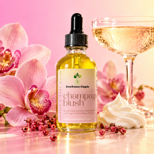One bottle of TreeHouse Hippie's Champagne Blush Hiar & Body Oil on a pink marble surface with a pink and yellow ombre background, accompanied by a glass of champagne, pink orchids, pink pepper berries, and a dollop of whipped cream. 