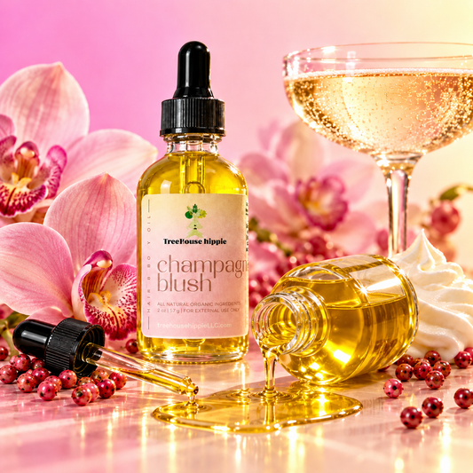 Two bottles of TreeHouse Hippie's Champagne Blush Hiar & Body Oil on a pink marble surface with a pink and yellow ombre background, accompanied by a glass of champagne, pink orchids, pink pepper berries, and a dollop of whipped cream. 