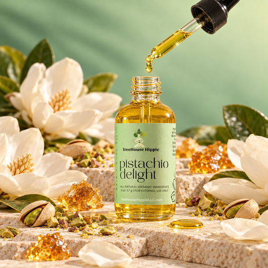 One bottle of TreeHouse Hippie's Pistachio Delight Hair & Body Oil sitting on two stone slabs against an acquatic green background with accents of pistachios, amber resin, and magnolia flowers. 