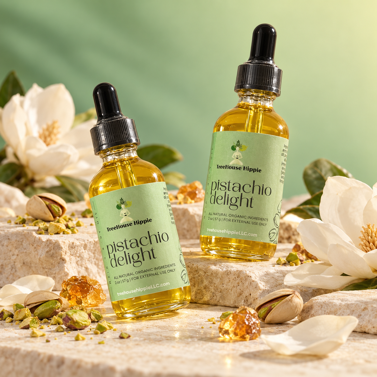 Two bottles of TreeHouse Hippie's Pistachio Delight Hair & Body Oil sitting on two stone slabs against an acquatic green background with accents of pistachios, amber resin, and magnolia flowers. 