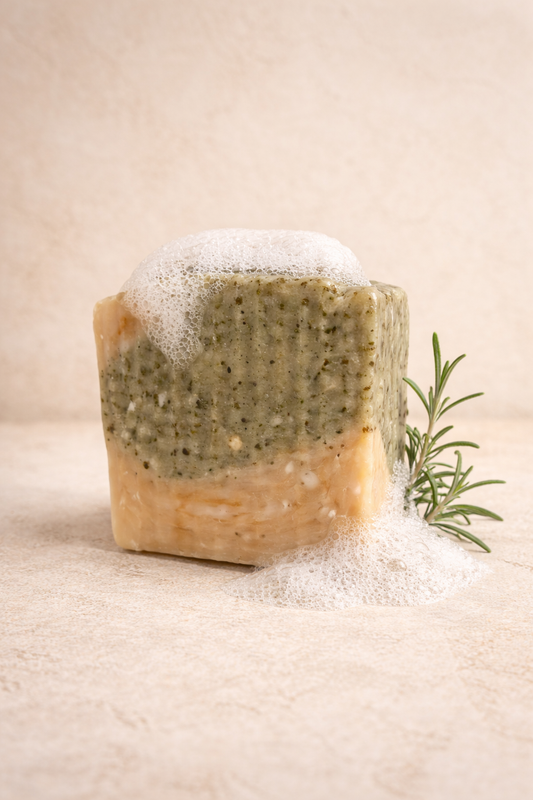 One of TreeHouse Hippie's organic Fresh Awakening Handmade Soap covered in soap suds with a sprig of rosemary against a neutral beige background. 